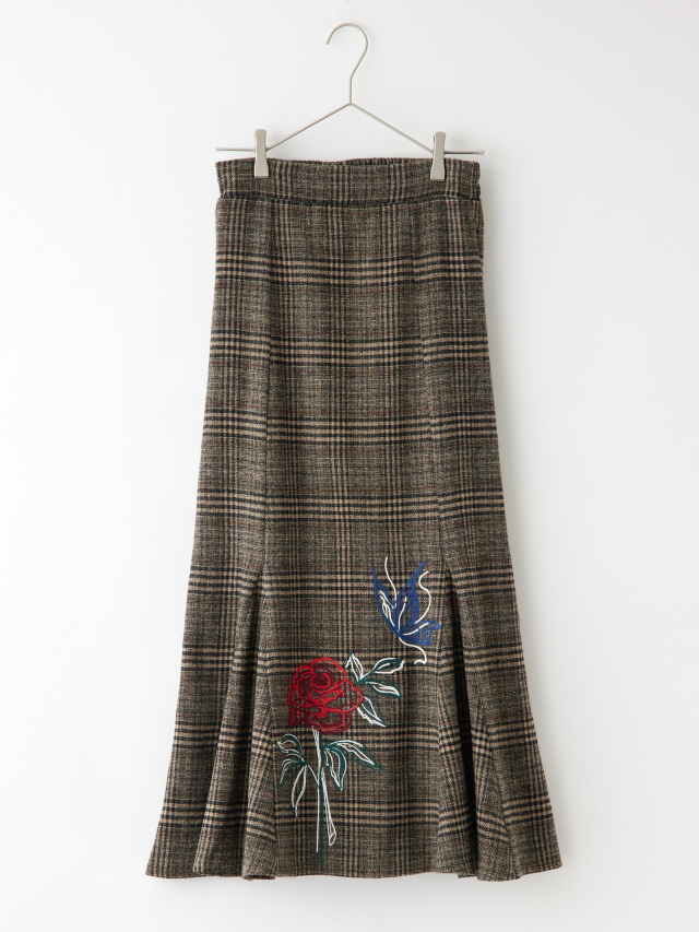 ローズ刺繍入りグレンチェックマーメイドスカート