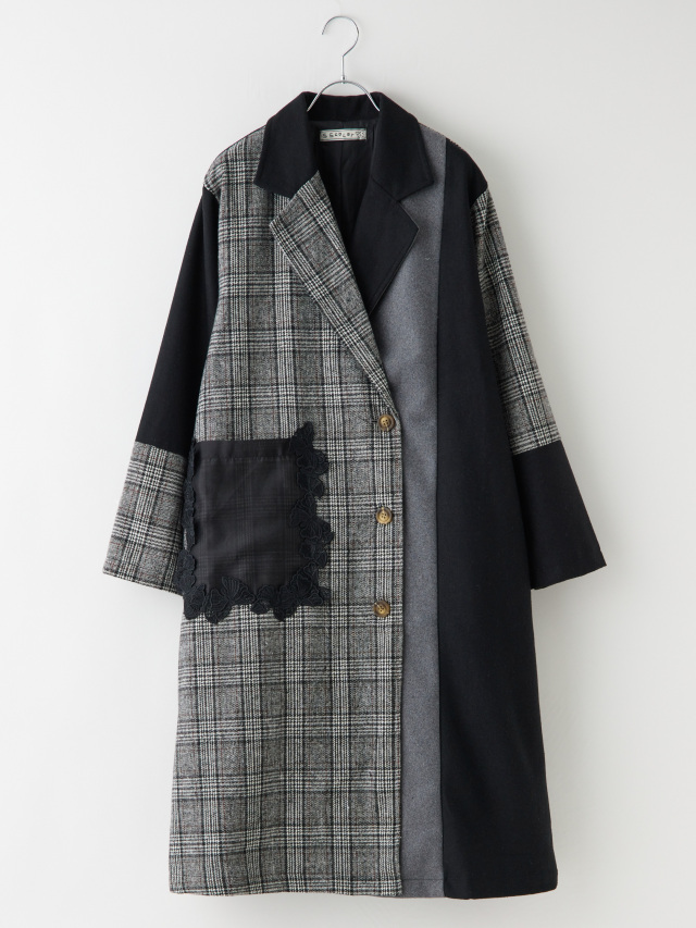 alba ラップコート　M グレー　ブラック　グレンチェック レースポケットグレンチェック異素材コンビコート la primavera online