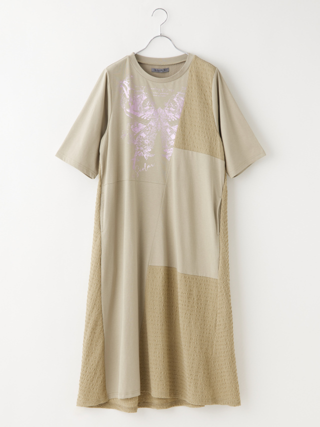 異素材切り替えラメバタフライカットソーワンピ