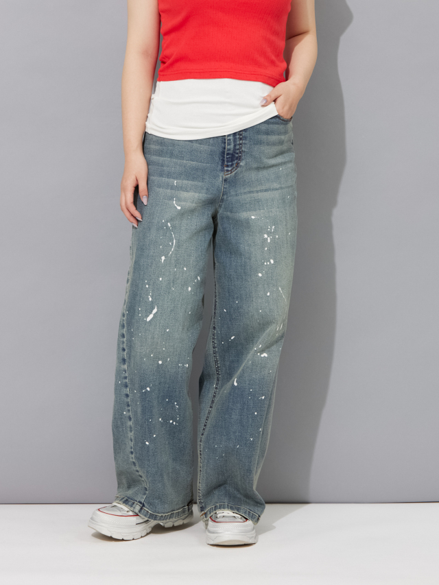 ペイント加工バレルレッグデニムパンツ
