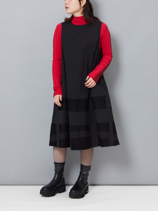 異素材ブロックコーデュロイコットンノースリワンピース