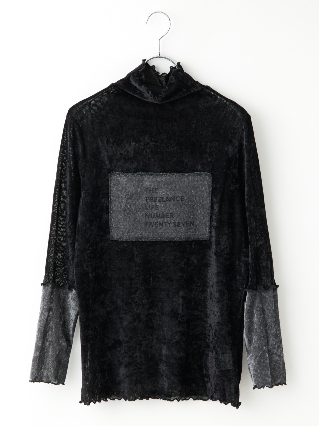 袖バイカラーシアーベロアモックネックトップス la primavera