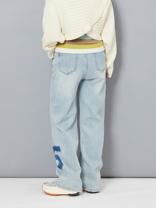 No.5プリントストレートデニムパンツ（ブルー・ライトブルー） la