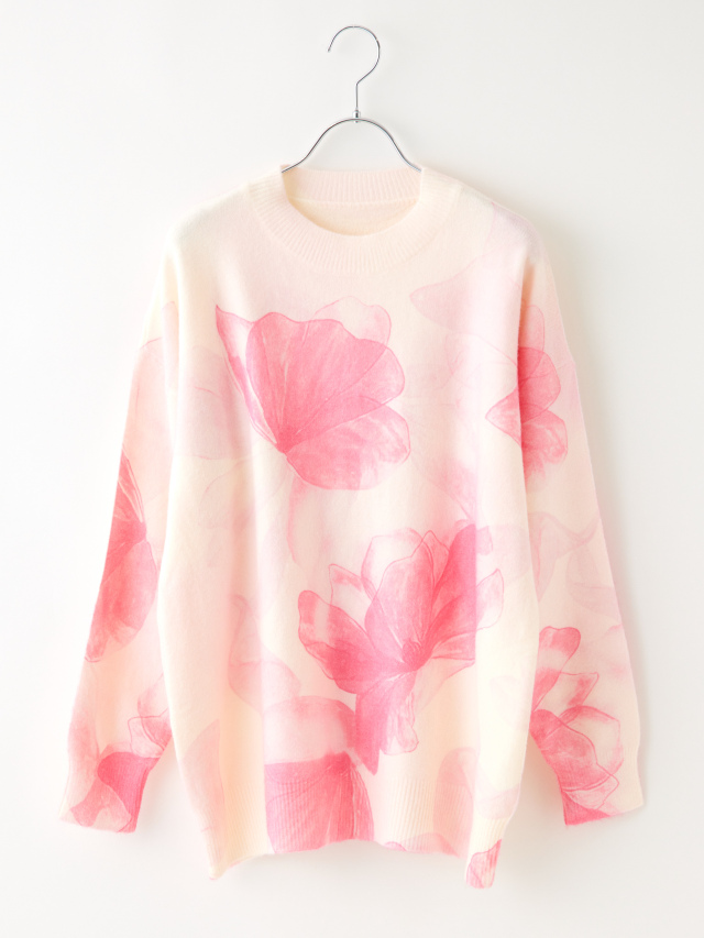 水彩風フラワープリントニット