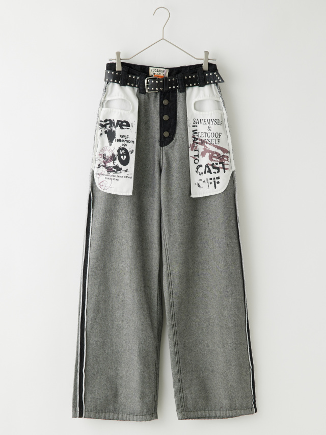 ベルト付きグラフィックプリントリバースデニム