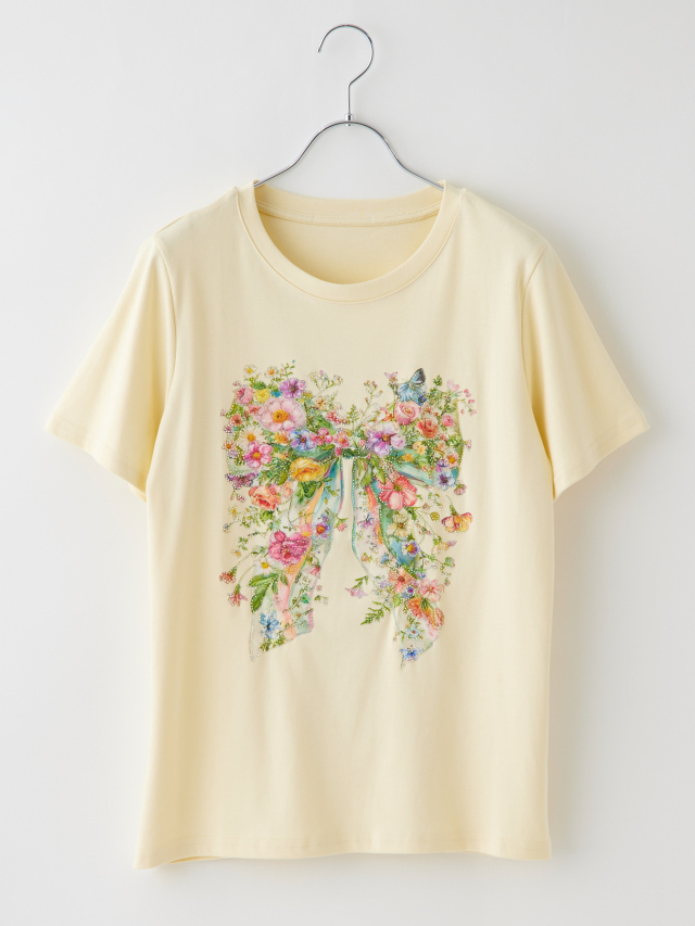ビジューリボンフラワーTシャツ