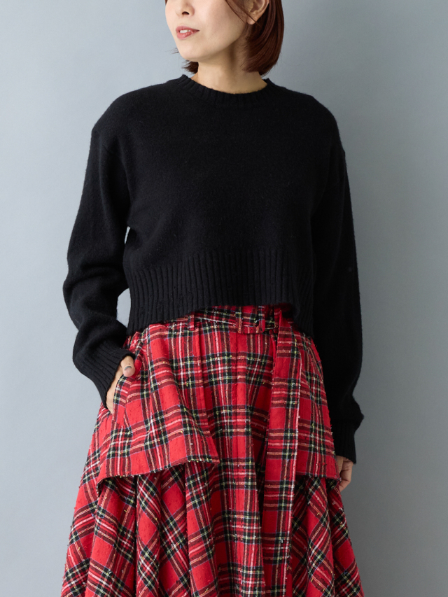 赤いチェックスカートを履いて黒いニットを着た女性の上半身