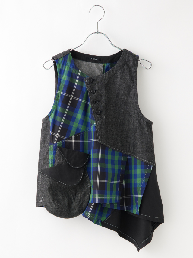 デニム×チェックアウトポケットアシンメトリーベスト