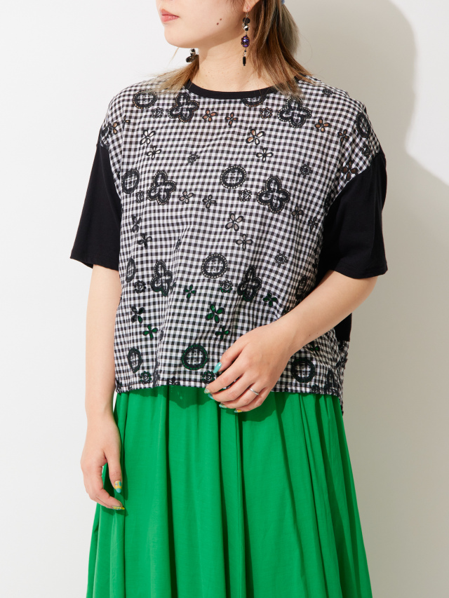 【新品未使用】フェアライアー　ギンガムリボンデタッチャブルTシャツ黒 ボーラ刺繍ギンガムチェックTシャツ la primavera online store