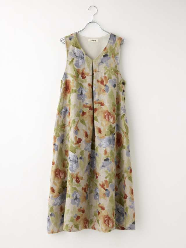 ぼかしフラワーノースリーブリネンワンピース la primavera online store
