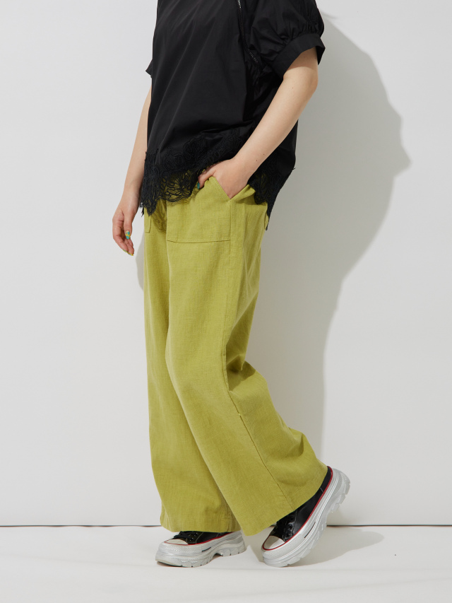 美品・近年モデル✨ババグーリ リネン100% ワイドパンツ グリーン L ババグーリ“リネンデニム”のワイドパンツ | 長野ヨーガンレール