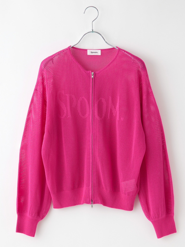 ロゴ入りメッシュニットジップカーデ