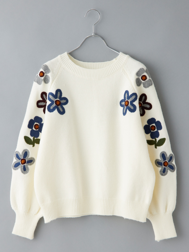 花花！　　マーク&ロナ　ラグランニット春秋用　ホワイト　38 フラワー刺繍ラグランニット la primavera online store