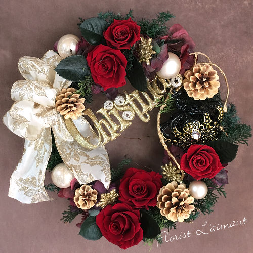 クリスマスレッドローズリース／光触媒フラワー×ゴールドリボンの高級