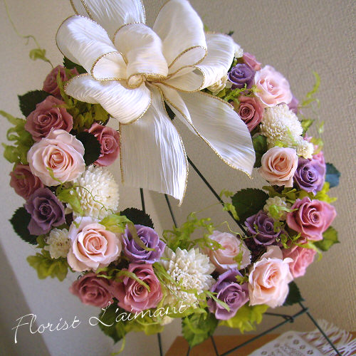 ピンクローズと小花とレースリボンの豪華特大スウィートリース♪♪