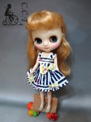 CCTミディサイズブルー＆ホワイトフローラルストライプワンピースcmb053