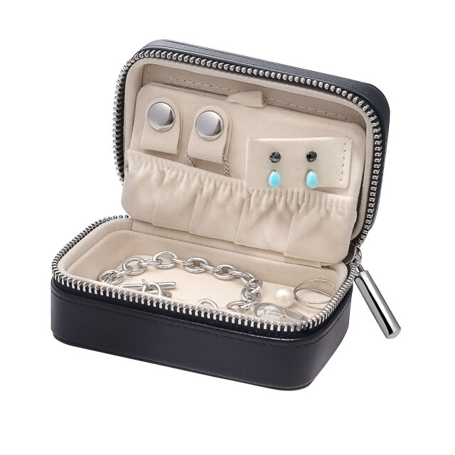 ジュエリー ポーチ ミラー付き アクセサリーケース ジッパー 黒