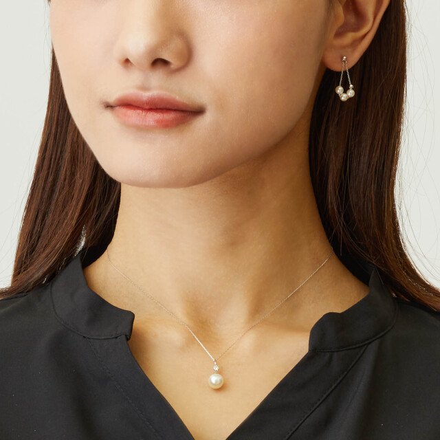 n015l【高品質】 パールネックレス CZダイヤ 真珠 上品 艶やか S925 ネックレス あこや真珠 パール 一粒 ダイヤモンド 0.07ct pt900