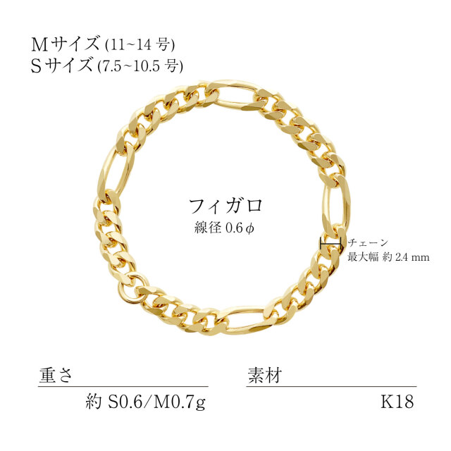 チェーン レディース K18 18金 イエローゴールド リング 指輪 フィガロ