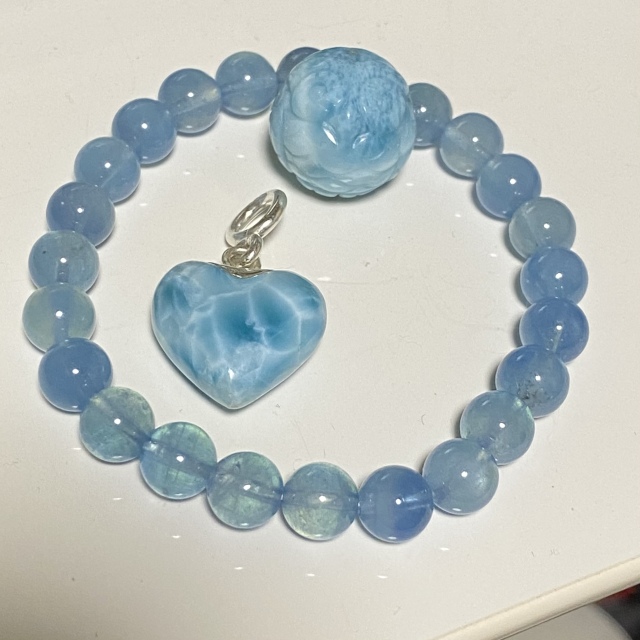 M様専用　ディープアクアマリン、ハートペンダント、フクロウビーズ
