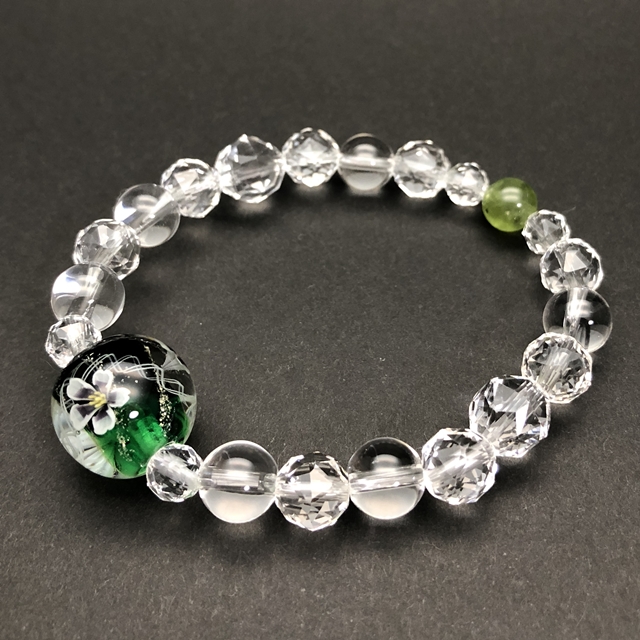 天然石 ブレスレット 内径15.5cm とんぼ玉・ペリドット・水晶・スターカット水晶使用【送料無料】【saramoon0006】