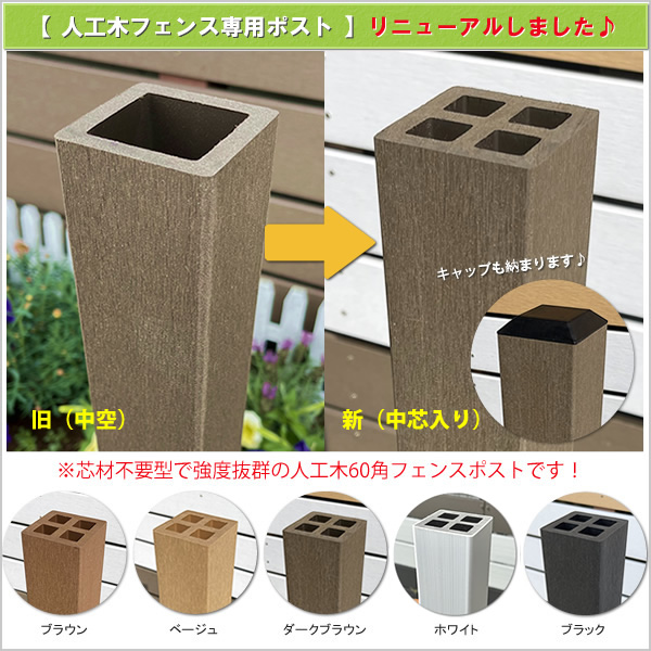 メンテナンス不要の人工木60角フェンスポストNEW 1200ブラック 