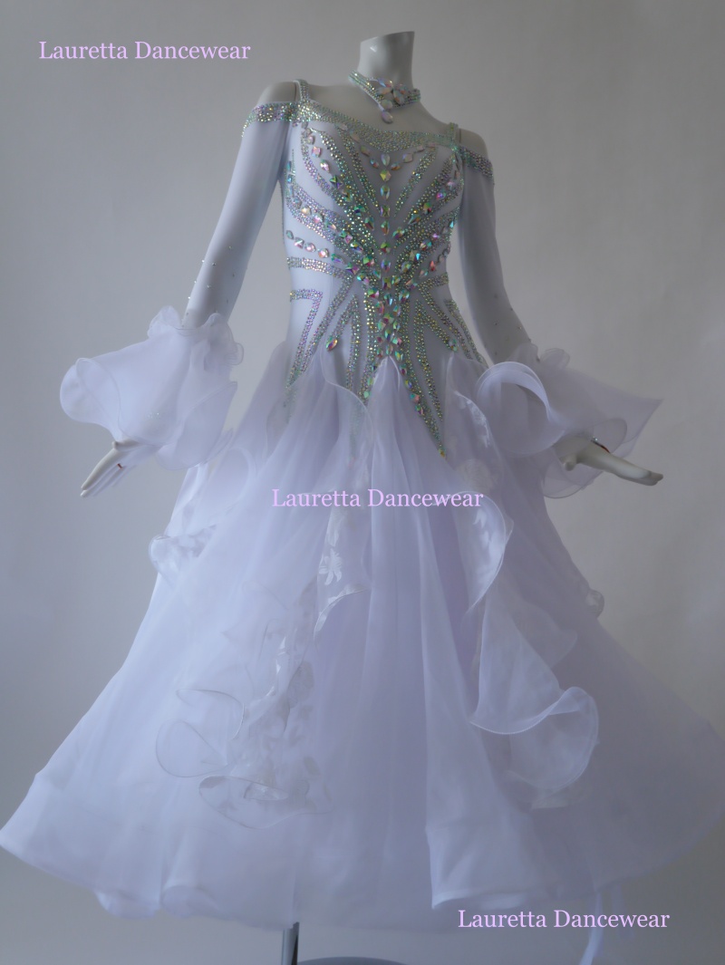 【社交ダンスドレス・衣装】ST20943 スタンダード/モダン　高級仕様　ピュアホワイト(M)