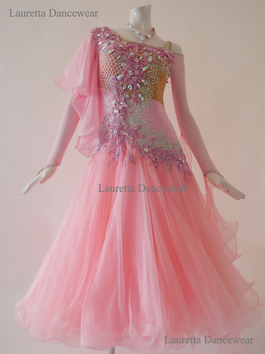 【社交ダンスドレス・衣装】ST20948 スタンダード/モダン　ライトピンク 3Dフラワーモチーフ(L)