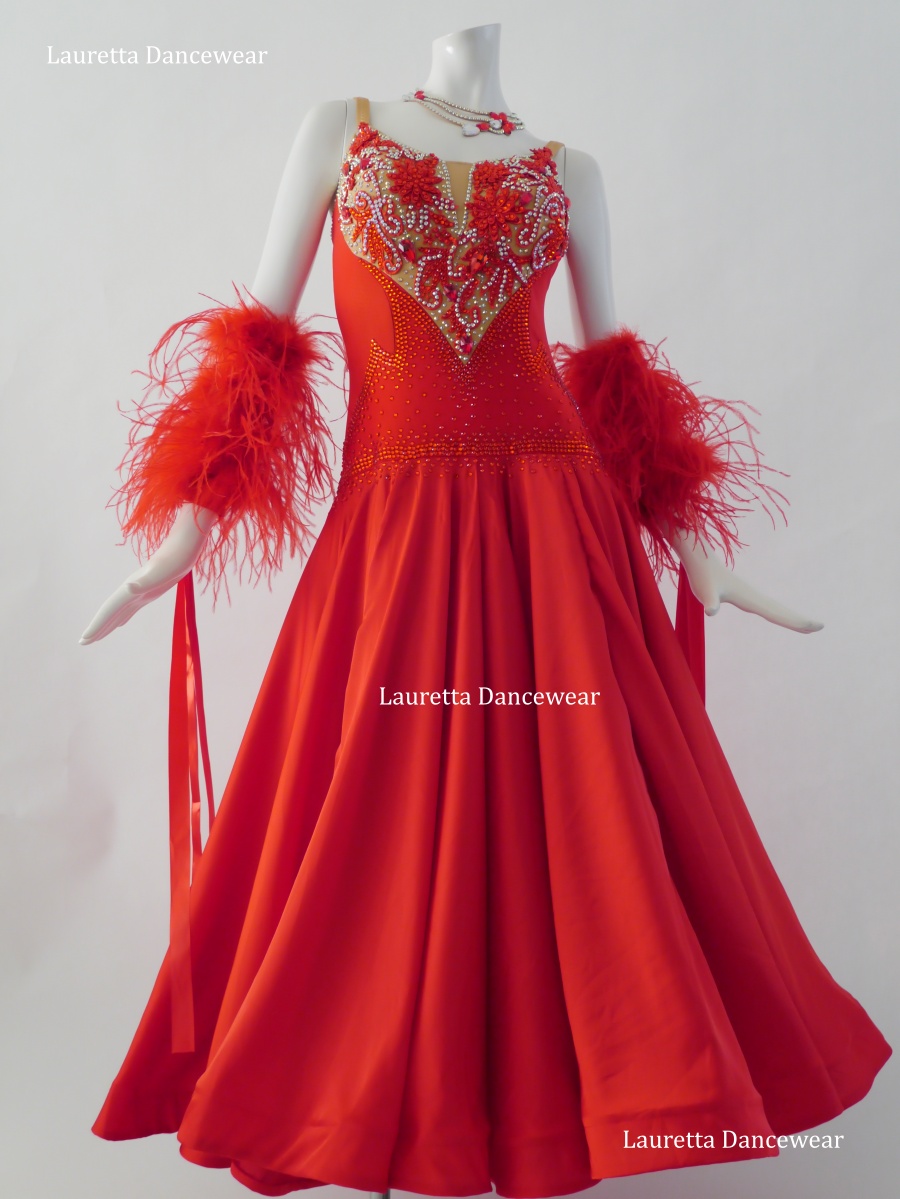 【社交ダンスドレス・衣装】ST20958 スタンダード/モダン 高級仕様 ルージュレッド オーストリッチフェザー(M)
