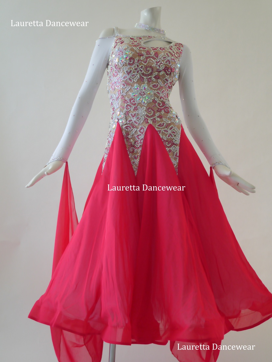 【社交ダンスドレス・衣装】ST20968 スタンダード/モダン 高級仕様 ホワイト/ピンク系 (M)