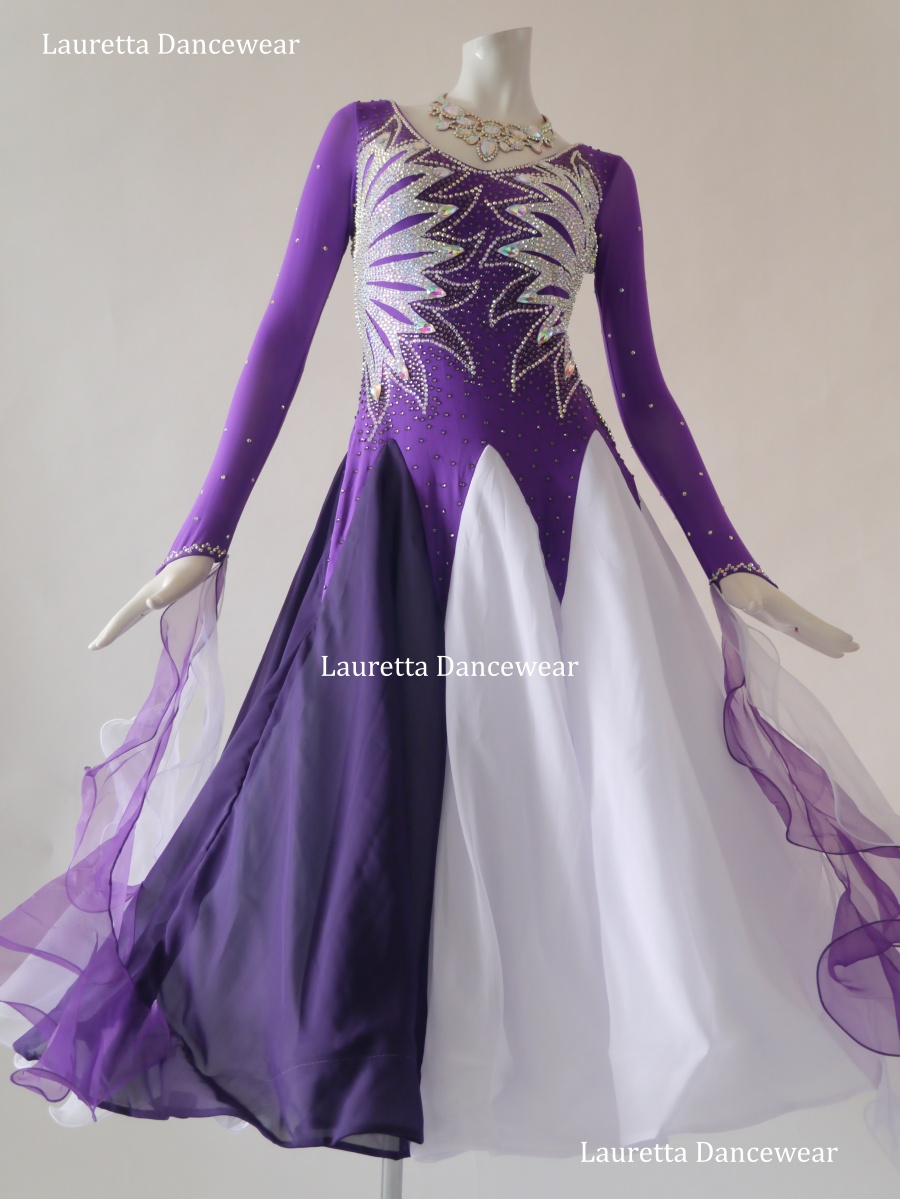 【社交ダンスドレス・衣装】ST20969 スタンダード/モダン 高級仕様 パープル/ホワイト (M)