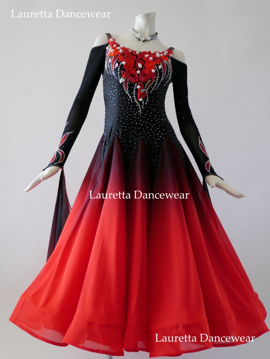 【社交ダンスドレス・衣装】ST20994 スタンダード/モダン 高級仕様 ブラック レッドグラデーション パールビーズ (M)