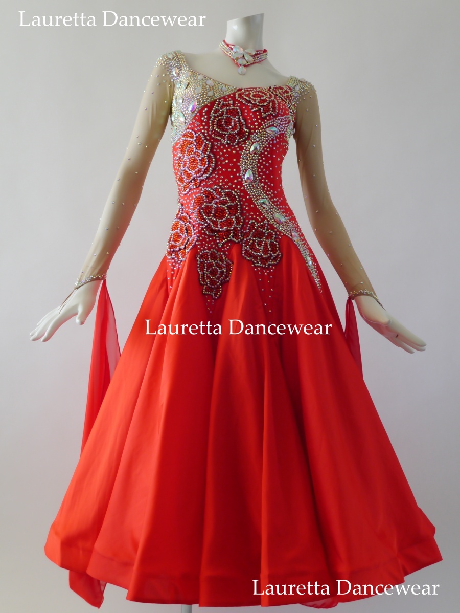 【社交ダンスドレス・衣装】スタンダード/モダン　高級仕様　レッド/ローズモチーフ　ST21000(M)