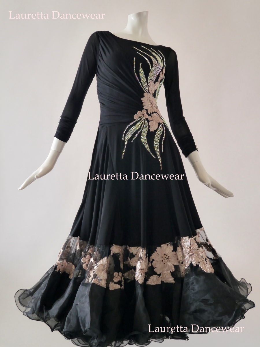 【社交ダンスドレス・衣装】OP20235 高級仕様 パーティドレス/デモ ブラック/カメオベージュ(M)