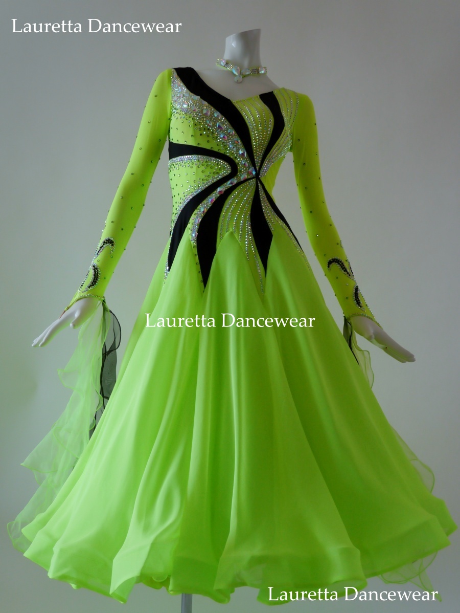 【社交ダンスドレス・衣装】ST21014 スタンダード/モダン 高級仕様 ネオングリーン/ブラック(M)