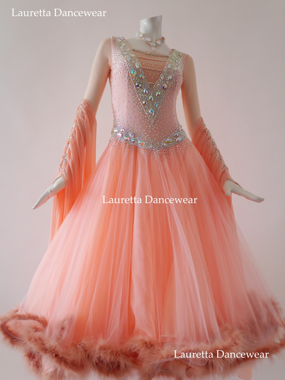 【社交ダンスドレス】ST21015 スタンダード/モダン 高級仕様 ペールピンク/フェザー(M)