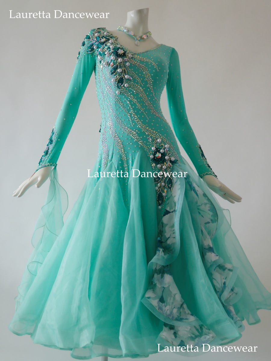 【社交ダンスドレス・衣装】 ST21019 スタンダード/モダン 高級仕様 ミントグリーン/フラワープリント(M)