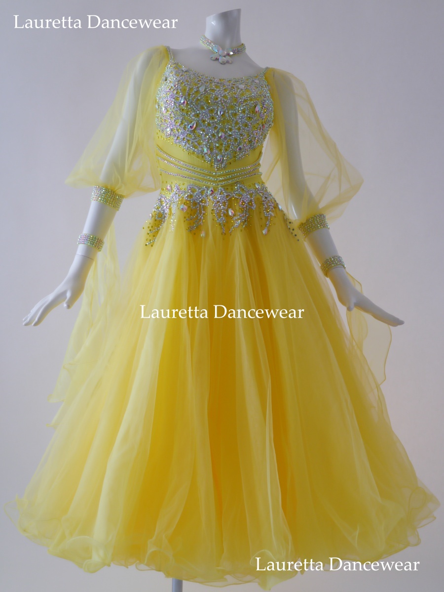 【社交ダンスドレス・衣装】ST21023 スタンダード/モダン 高級仕様 イエロー/パフスリーブ(M)