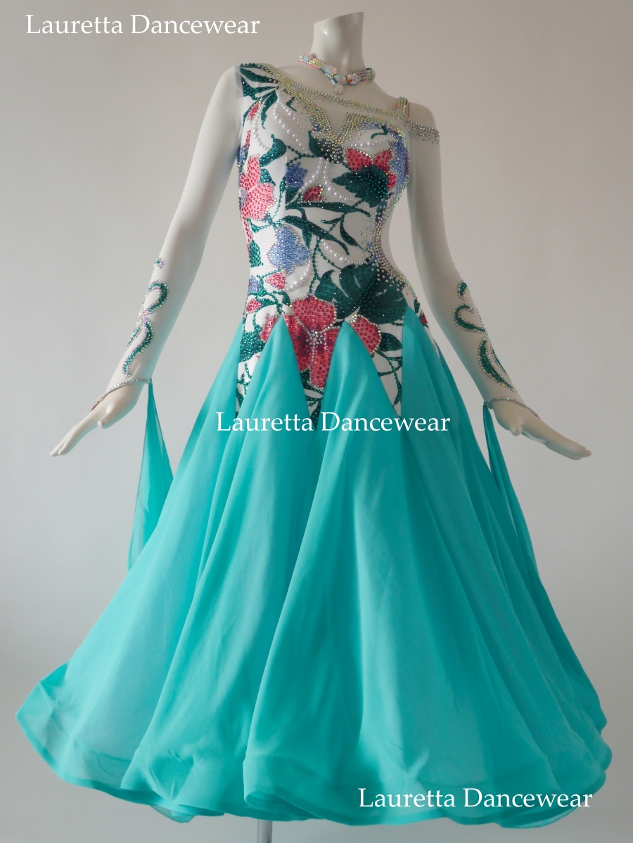ST21030【社交ダンスドレス・衣装】 スタンダード/モダン 高級仕様 ターコイズグリーン/ホワイト (M)