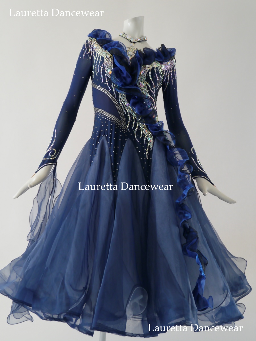 【社交ダンスドレス・衣装】スタンダード/モダン 高級仕様 ネイビーブルー/ホワイト ST21033(L)