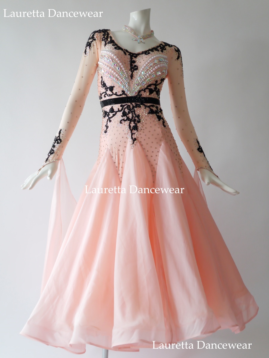 【社交ダンスドレス・衣装】ST21010 スタンダード/モダン 高級仕様 ペールピンク/ブラック(M)