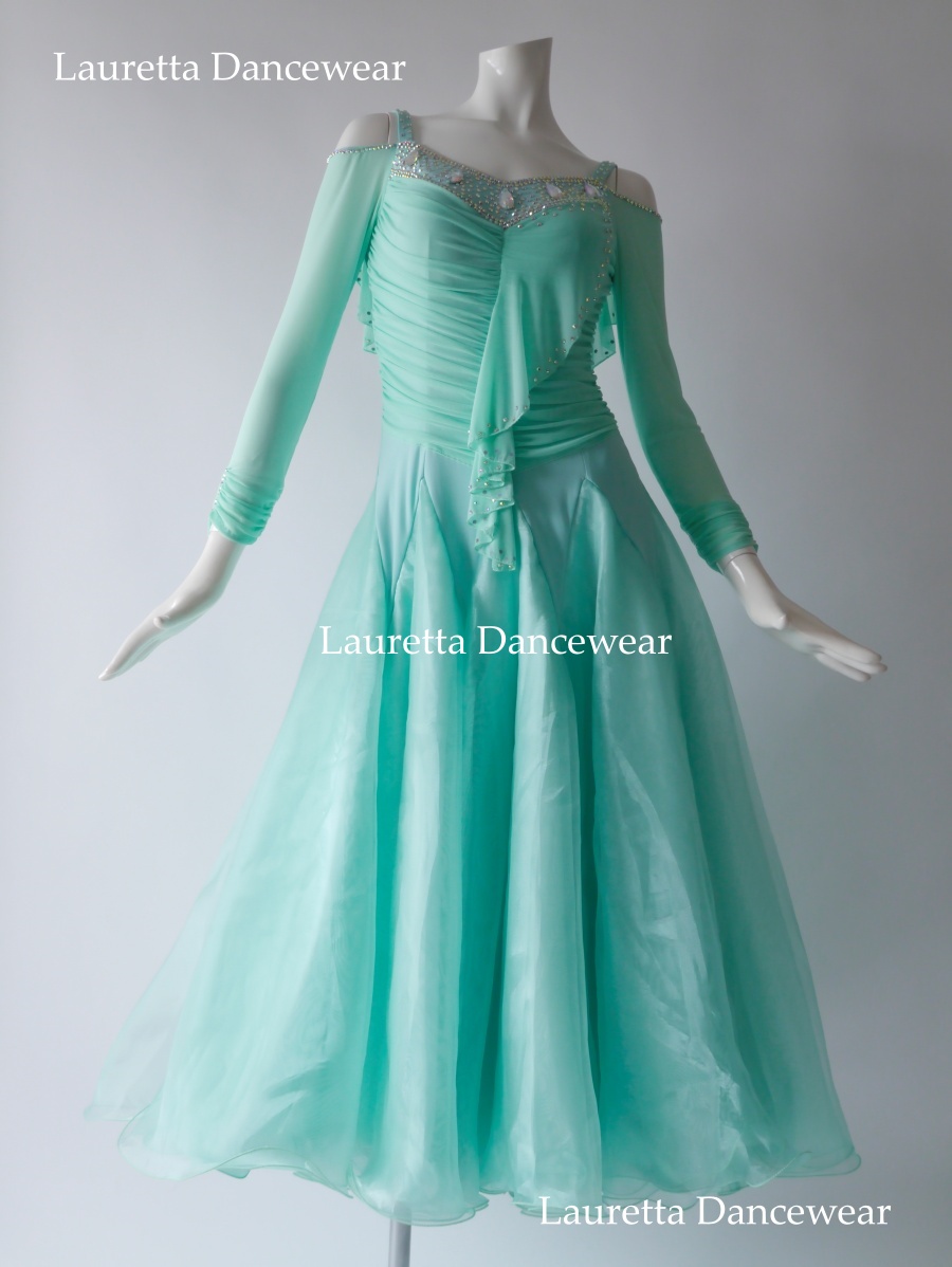 【社交ダンスドレス】OP20234 パーティードレス/レッスン着 ミントグリーン ドレープ(M)