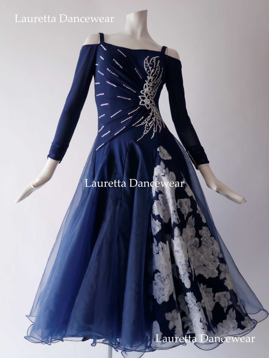 【社交ダンスドレス・衣装】OP20239 パーティドレス/レッスン着 ネイビー/フラワープリント (M)