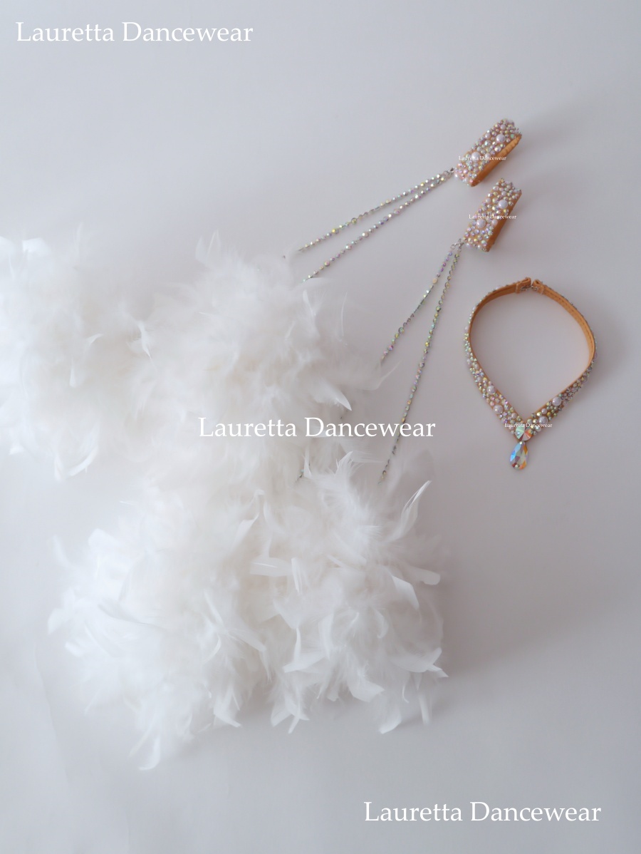 【社交ダンスドレス】FW105 ドレス用フロート ネックレス+バングル+フェザーボンボン シャンデリアマラボー/ホワイト 1ペア