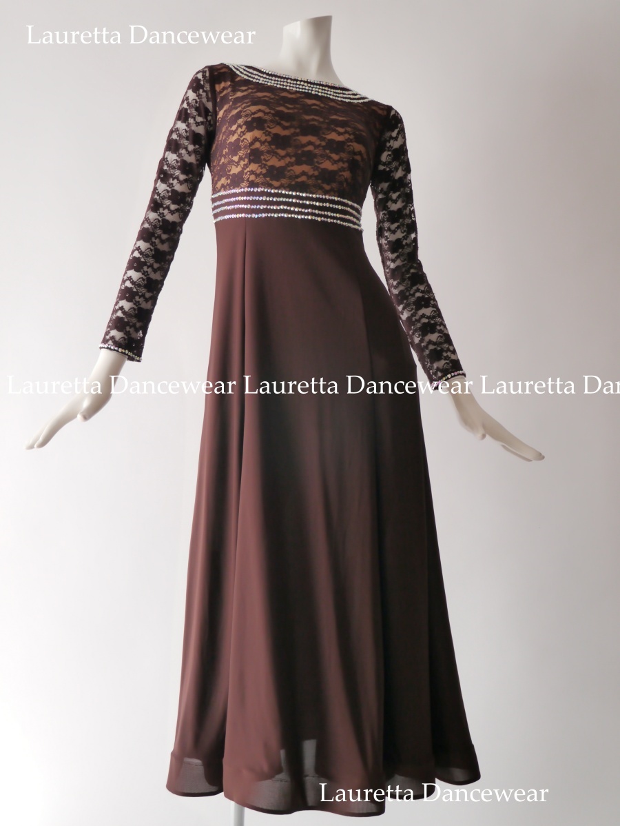 【社交ダンスドレス・衣装】OP20240 パーティドレス/レッスン着 ブラウン/フラワーレース(M)