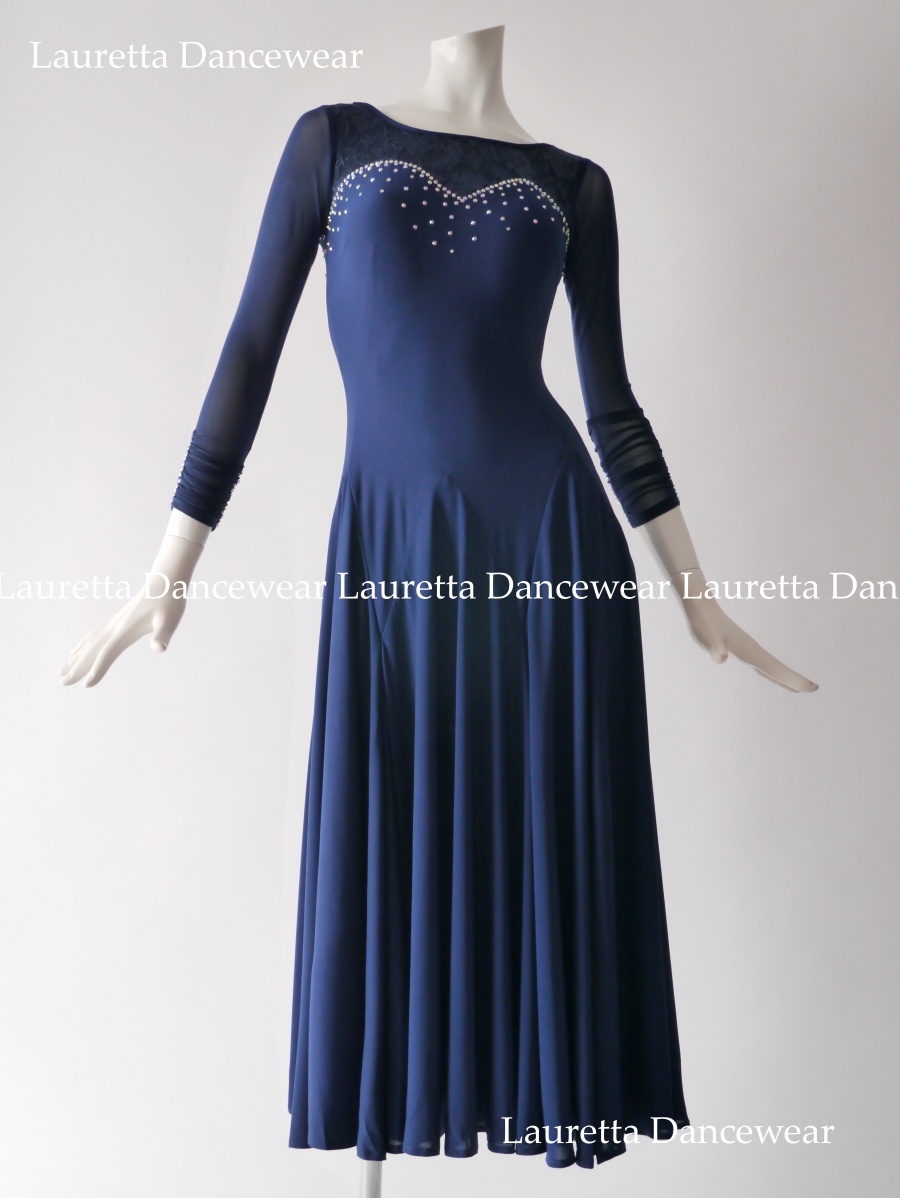 【社交ダンスドレス・衣装】OP20167 ワンピース/パーティドレス/レッスン着 ネイビーブルー(M)