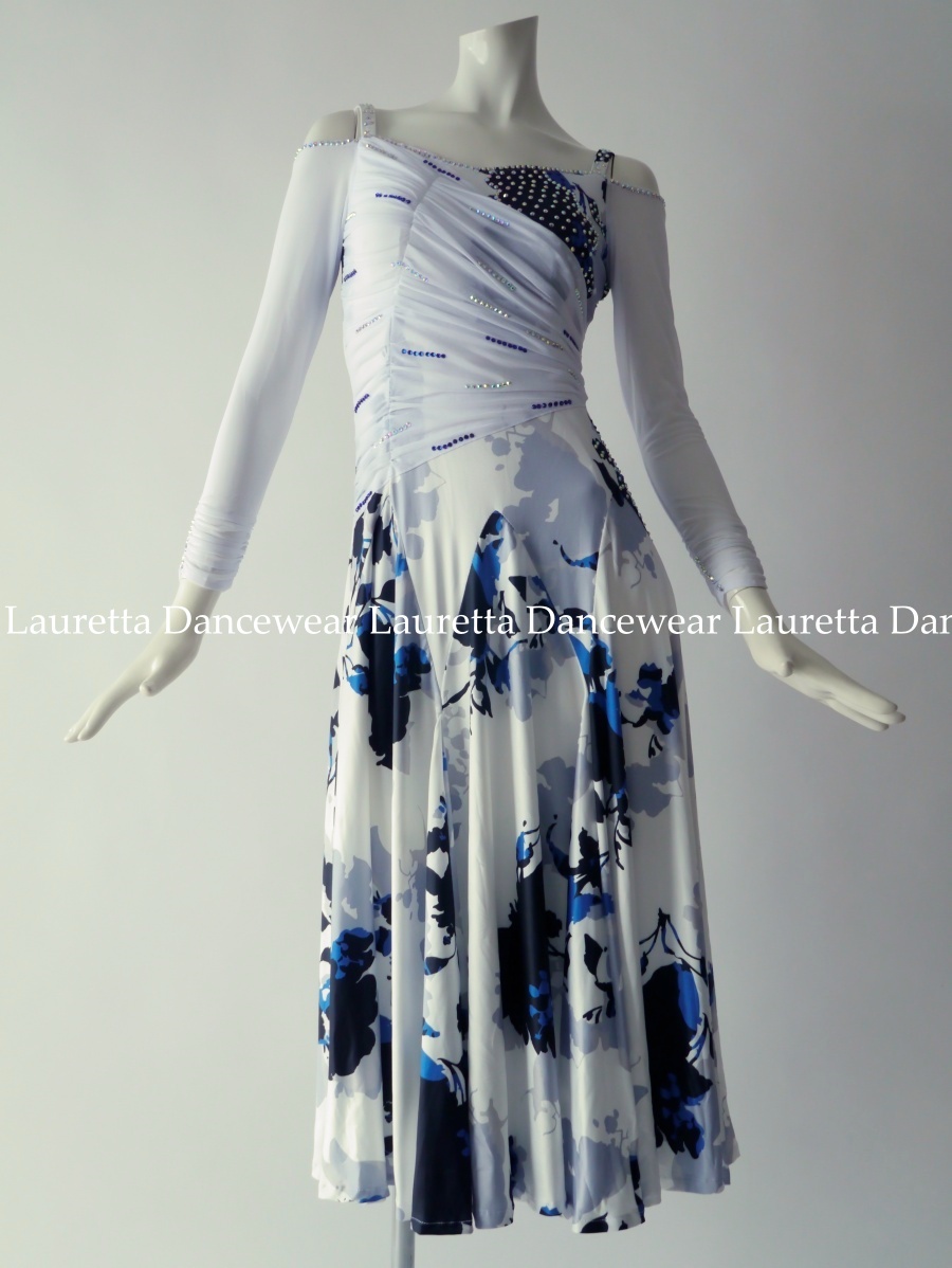 【社交ダンスドレス・衣装】OP20242 高級仕様 パーティドレス ワンピース デモ ホワイト系/ライトグレー(M)