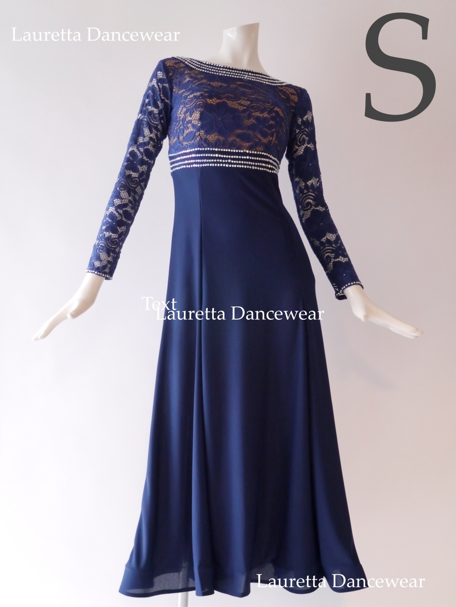 【社交ダンスドレス・衣装】OP20243 パーティードレス/レッスン着 高級仕様 ネイビーブルー/フラワーレース(Ｓ)