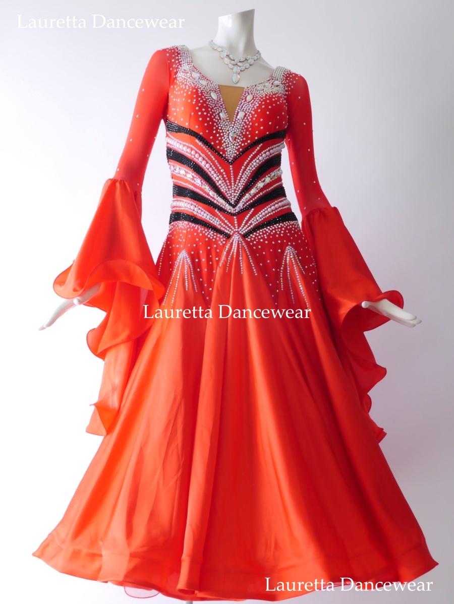 【社交ダンスドレス・衣装】ST21064 スタンダード/モダン 高級仕様 レッド/ブラック パールビーズ (M)