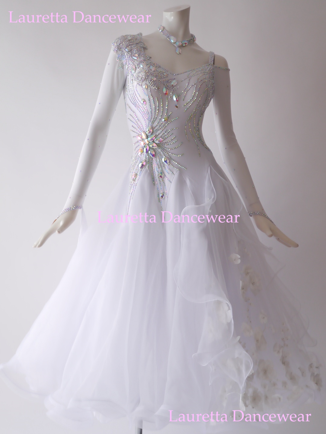 【社交ダンスドレス・衣装】ST21085 スタンダード/モダン 高級仕様 ピュアホワイト/3Dフラワーモチーフ(M)